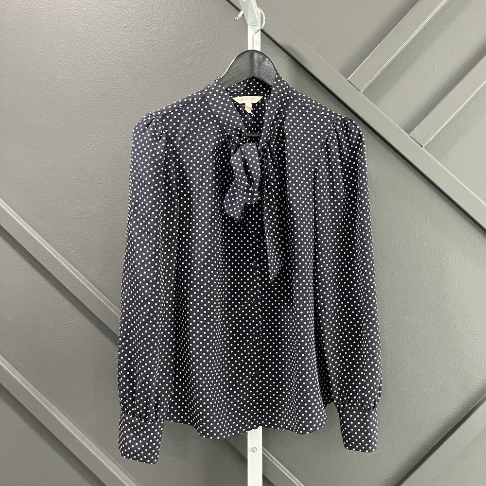 Rebecca Taylor Blouse Womens Size 4 100% Silk Navy White Polka Dot Tie Neck